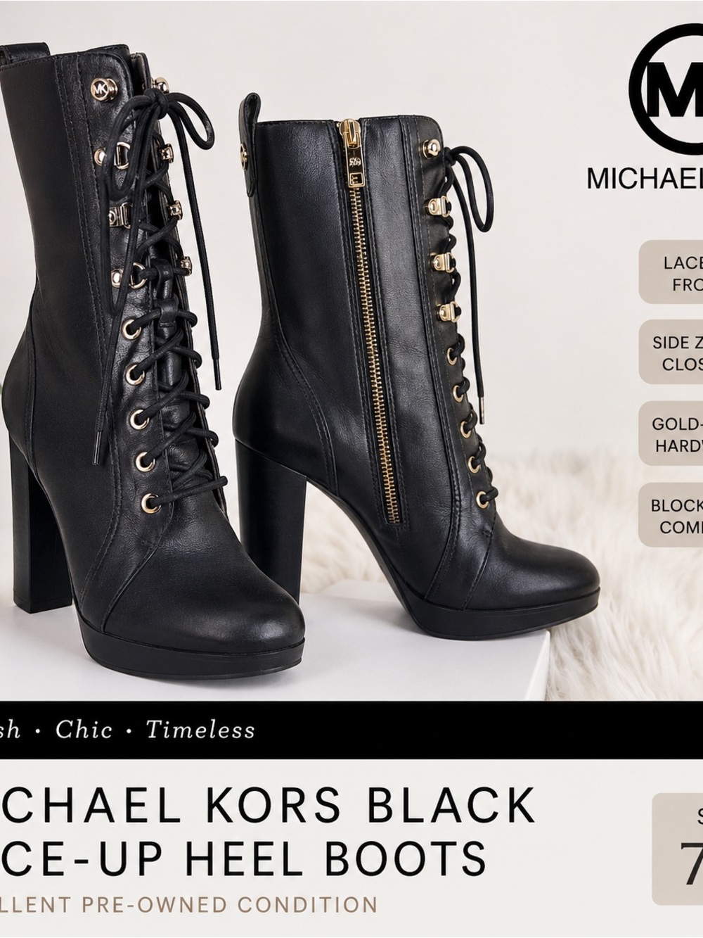 Michael Kors Black Leather Lace Up Heeled Boots Gold Hardware Side Zip Size